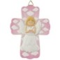 Croix enfantine en resine de couleur rose a suspendre et Ange en priere avec une colombe, H. 14 x 10.5 cm.