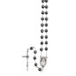 Chapelet grains en hematite, Ø 7 mm, chaine couleur argentee, longueur au cœur 30 cm, croix avec Christ.
