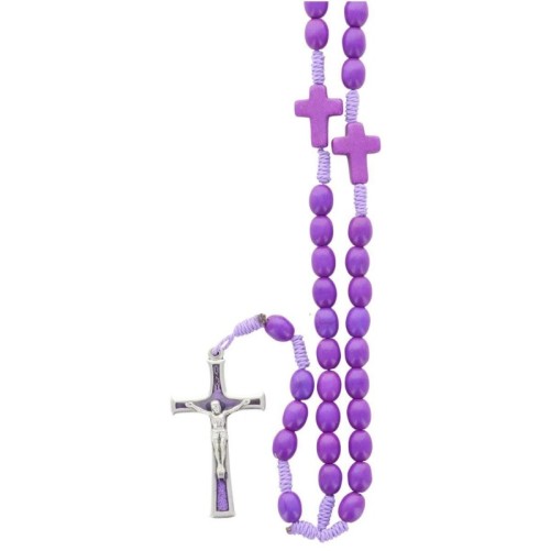 Chapelet sur corde grains en pierre synthetique Ø 8 mm, longueur au cœur 24 cm, croix avec Christ. Livre en boite..