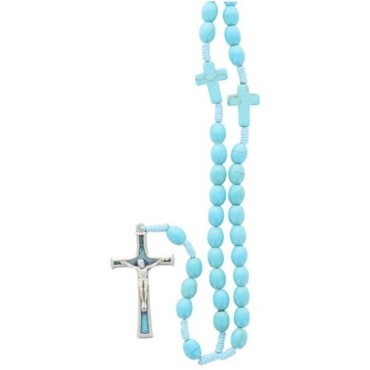 Chapelet sur corde grains en pierre synthetique Ø 8 mm, longueur au cœur 24 cm, croix avec Christ. Livre en boite.
