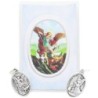 Medaille metal couleur argentee forme ovale H. 2,2 cm dans pochette avec image. Plusieurs saints