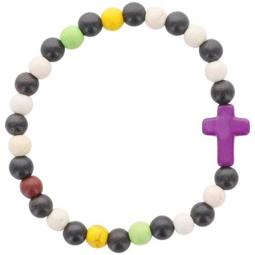 Bracelet sur élastique grains bois de santal et turquoise synthétique, Ø 6 mm avec croix..