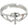 Bague reglable double cœur avec croix au centre en acier inoxydable argentee.
