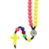 Chapelet pour enfant avec grains en gomme, couleurs fluo mission sur corde avec fermoir et résine de la VM. Ø 7 mm et croix.