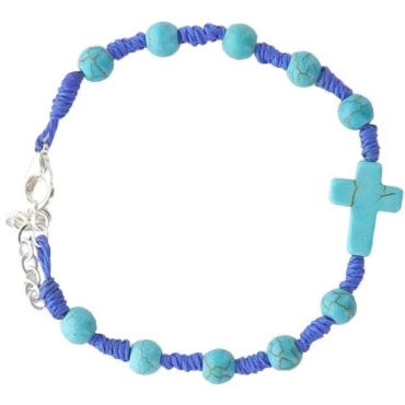 Bracelet dizainier pour enfant sur corde avec fermoir grains et croix en pierre teinte Ø 5 mm Differentes couleurs