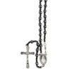 Chapelet en hématite Ø 7 mm sur câble avec fermoir, croix métal avec Christ, longueur au cœur 29 cm..