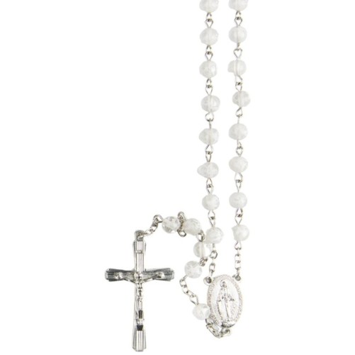 Chapelet grains transparents marbres, Ø 7 mm, chaine couleur argentee, longueur au cœur 34 cm, croix avec Christ..