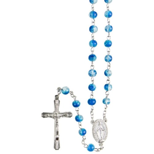 Chapelet grains bicolores transparents Ø 7 mm, chaîne argentée, croix avec Christ, longueur au cœur 34 cm, plusieurs couleurs..