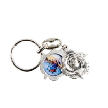 Porte-clés ouvrant forme rose Ø 2,5 cm en métal couleur argentée avec une résine, plusieurs saints..
