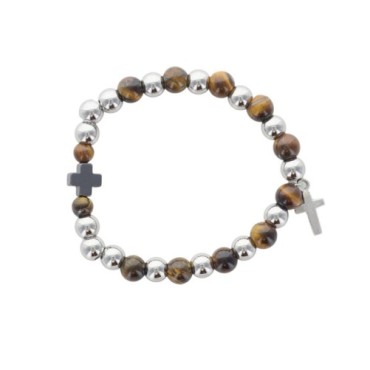 Bracelet dizainier élastique en pierre naturelle Ø 8 mm, avec croix. Différentes pierres disponibles..