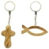 Porte-clés poisson et croix, assortis, fait main en bois d'olivier de terre sainte, LOT DE 2.