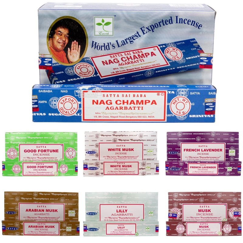 Boite de 12 paquets de batonnets d encens collection Satya 15 g. Plusieurs modeles.