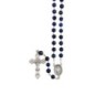 Chapelet grains lapis lazuli, Ø 7 mm, chaine couleur argentée, longueur au cœur 32 cm, croix avec Christ. Livré en boite..