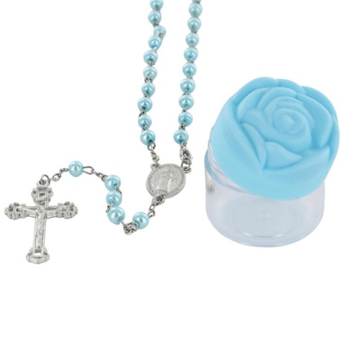 Chapelet en perles de verre Ø 5 mm, sur chaîne avec fermoir, croix avec Christ, boîte en forme de rose, 2 couleurs disponibles..