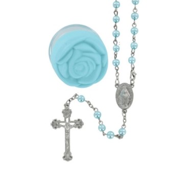 Chapelet en perles de verre Ø 5 mm, sur chaîne avec fermoir, croix avec Christ, boîte en forme de rose, 2 couleurs disponibles..