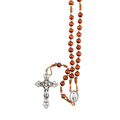 Chapelet sur corde avec fermoir grains en bois Ø 7 mm, longueur au cœur 30 cm, croix metal avec Christ..