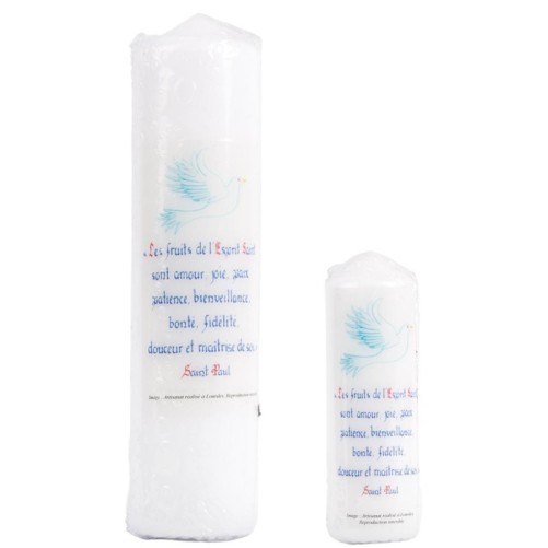 Bougie de confirmation les fruits de l Esprit Saint blanche. Plusieurs tailles..