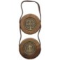 Suspension de porte en bois et cuir avec médailles de saint Benoit gold antique diamètre 7.5 cm. Longueur 22.5cm.