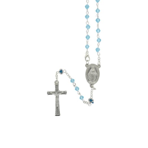 Chapelet sur chaîne grains semi-cristal 3 mm, paters cœur, avec fermoir croix Christ, longueur 26 cm au cœur, plusieurs couleurs