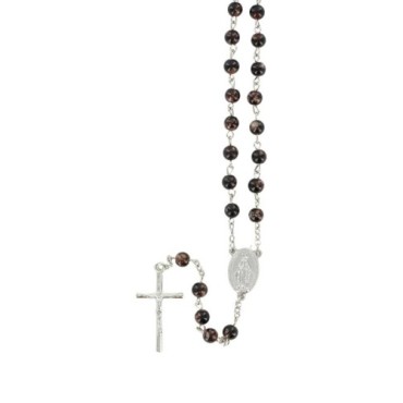 Chapelet grains tachetés 7 mm, chaîne argentée, croix avec Christ, longueur au cœur 34 cm. Plusieurs douleurs..