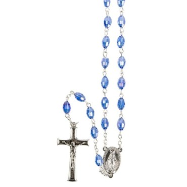 Chapelet grains semi-cristal 7 mm, chaîne argentée, croix Christ, 40 cm au cœur, dispo en plusieurs couleurs..