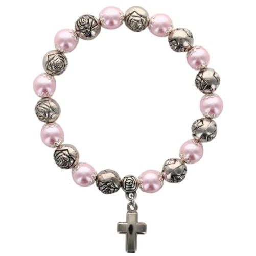 Bracelet sur élastique avec grains en métal forme rose et de grains métal Ø 8 mm avec une croix. Différentes couleurs.