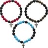 Bracelet dizainier sur élastique grains ronds en turquoise synthétique marbr2 & Jade noir Ø 8 mm et croix. Plusieurs couleurs