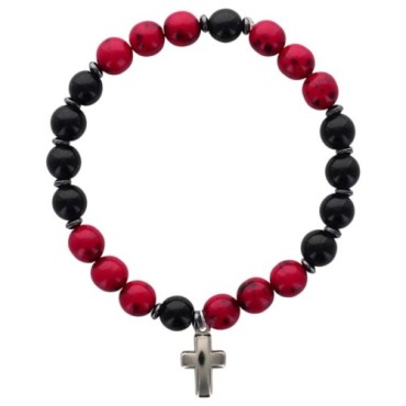 Bracelet dizainier sur élastique grains ronds en turquoise synthétique marbr2 & Jade noir Ø 8 mm et croix. Plusieurs couleurs
