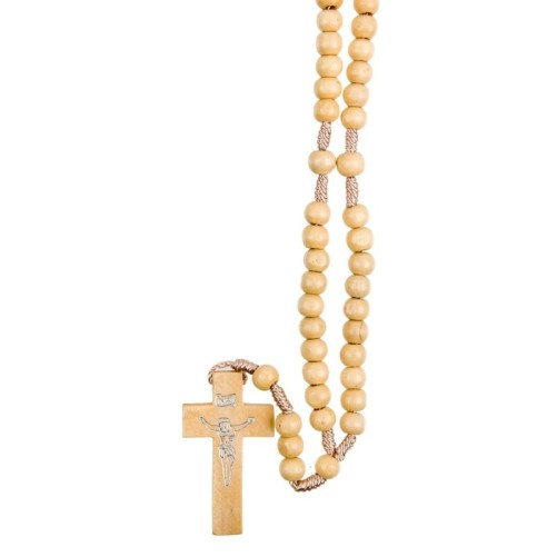 Chapelet sur corde, grains en bois 7 mm, croix avec Christ imprimé, 18 cm au cœur, plusieurs couleurs..
