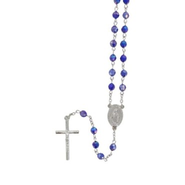Chapelet grains facettés 7 mm, chaîne argentée, croix avec Christ, 34 cm au cœur. Plusieurs couleurs.