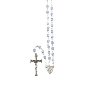 Chapelet grains semi-cristal avec coupelles argentee , Ø 4 mm sur chaine et croix avec Christ+boite..