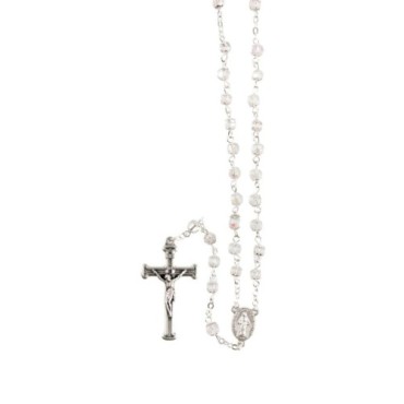 Chapelet grains semi-cristal avec coupelles argentee , Ø 4 mm sur chaine et croix avec Christ+boite..