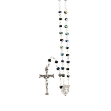 Chapelet grains semi-cristal avec coupelles argentee , Ø 4 mm sur chaine et croix avec Christ+boite..
