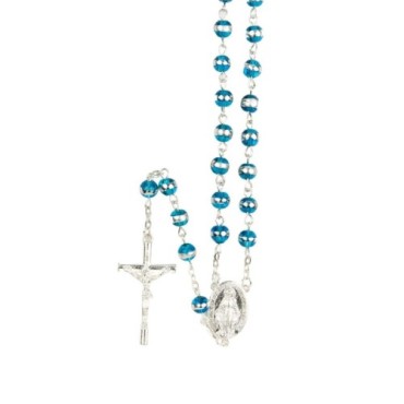 Chapelet grains œil de chat 7 mm, chaîne argentée, croix avec Christ, 34 cm au cœur, plusieurs couleurs..