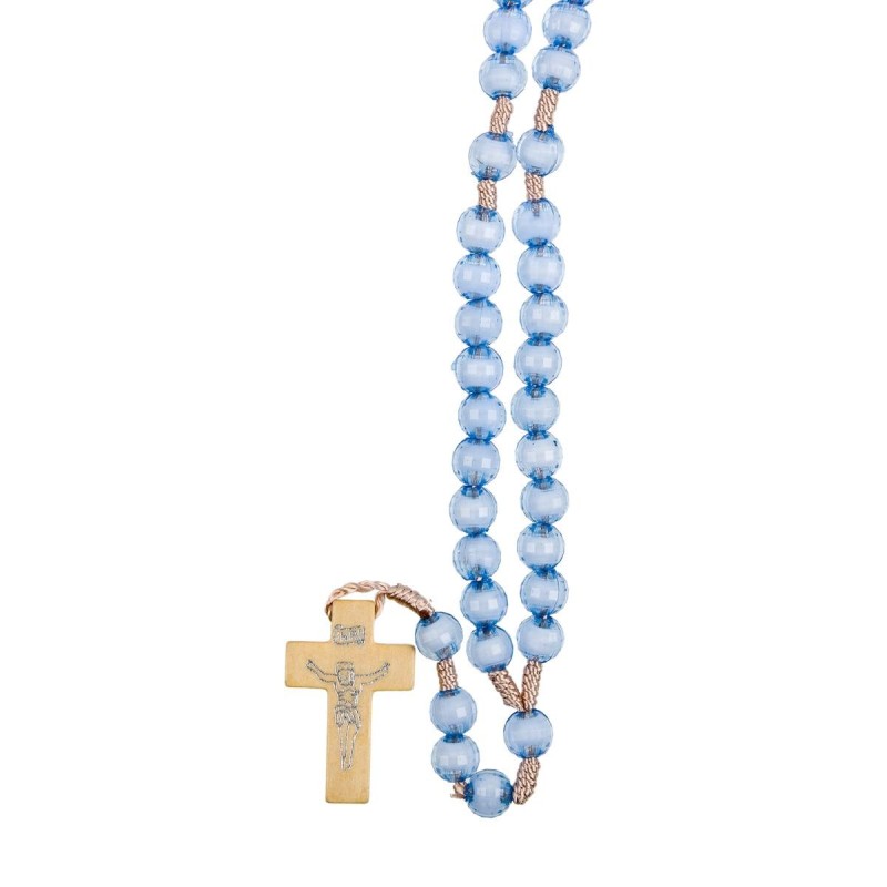 Chapelet sur corde, grains translucides 8 mm, croix en bois avec Christ imprimé, 22 cm au cœur. Plusieurs couleurs..