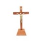 Crucifix bois marron vernis avec Christ métal bronzé sur socle