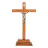 Crucifix bois marron vernis avec Christ métal bronzé sur socle