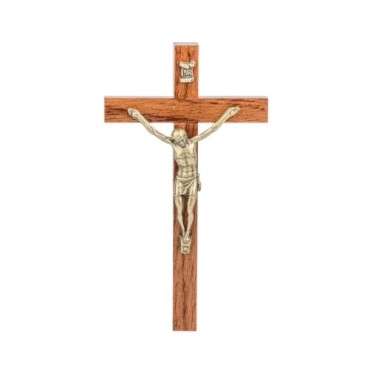Crucifix bois marron vernis avec Christ métal bronze..