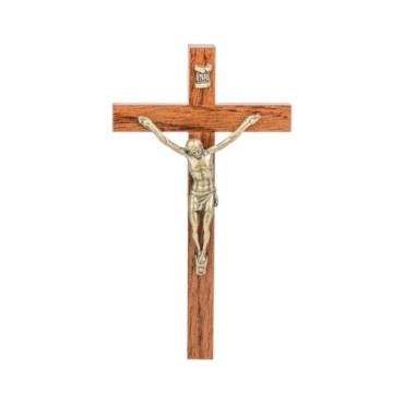 Crucifix bois marron vernis avec Christ métal bronze..