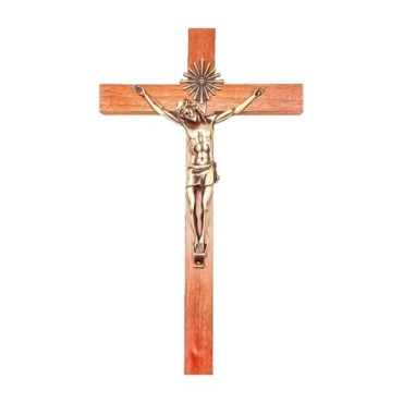 Crucifix bois marron vernis avec Christ métal bronze..
