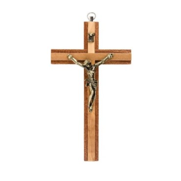 Crucifix en bois marron avec croix en bois d'olivier en relief et Christ métal bronze..