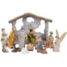 Creche en resine peinte a la main de 11 personnages H. 5.3 cm + cabane H. 8.5 cm..