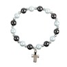 Bracelet sur élastique en hématite avec grains nacrés Ø 8 mm, avec croix..