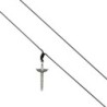 Collier cordon noir, pendentif épée de saint Michel couleur argentée, H 4 cm.