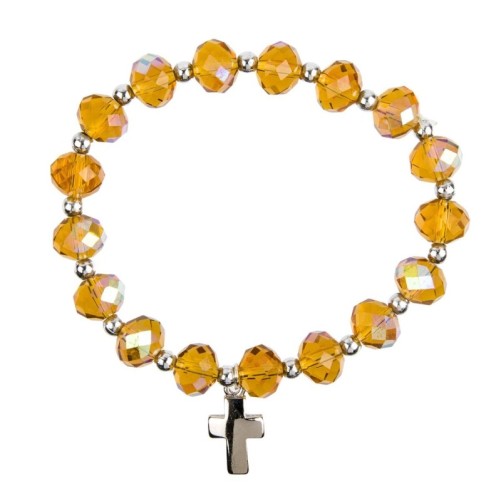 Bracelet sur élastique grains semi cristal à facettes Ø 1 cm, avec croix. Plusieurs couleurs.