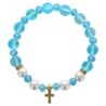 Bracelet sur élastique en pierre de lune synthétique Ø 8 mm & coquille naturelle avec croix acier inoxydable. LOT 5 ASSORTIS.