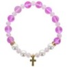 Bracelet sur élastique en pierre de lune synthétique Ø 8 mm & coquille naturelle avec croix acier inoxydable. LOT 5 ASSORTIS.