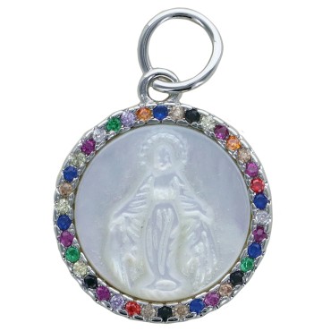 Médaille de couleur argentée en relief avec la Vierge Miraculeuse en coquille naturelle, incrustée de pierres OZ Ø 1.5 cm.
