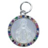 Médaille de couleur argentée en relief avec la Vierge Miraculeuse en coquille naturelle, incrustée de pierres OZ Ø 1.5 cm.