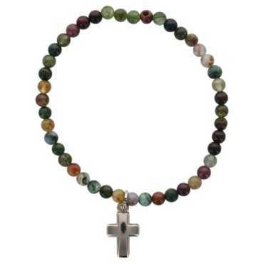 Bracelet sur elastique en pierre naturelle ou synthetique Ø 4 mm avec croix. Plusieurs modeles..
